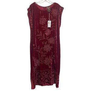 Johnny Was Burgundy Velvet Floral Embroidered Midi Shift Dress Red Size Small